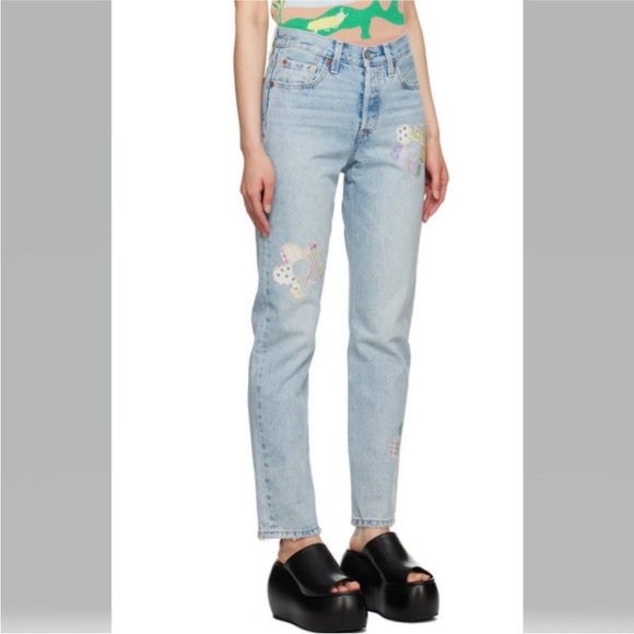 LEVIS 501 Patchwork Flower High Rise Straight Leg Jeans NWT - Picture 1 of 16